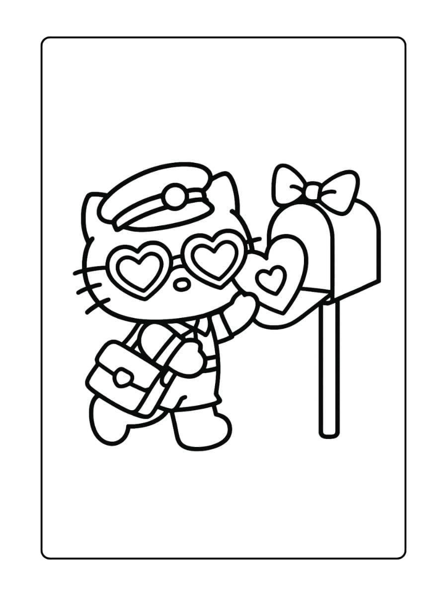 Hello Kitty verkleed als postbode bezorgt een grote hartvormige brief in een brievenbus met een strik