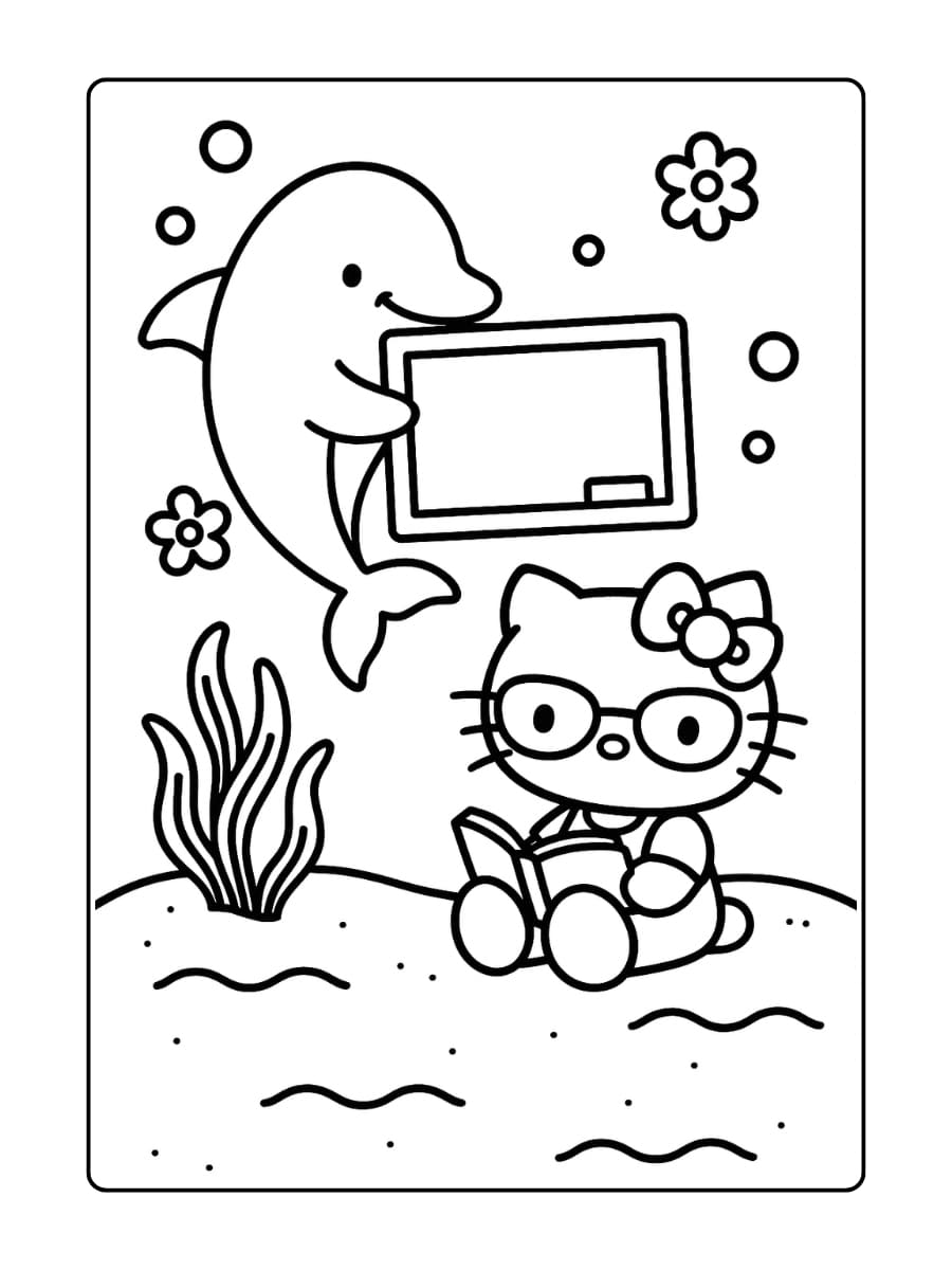 Hello Kitty zit met een bril en schoolboek naast een dolfijn die een krijtbord vasthoudt onder water