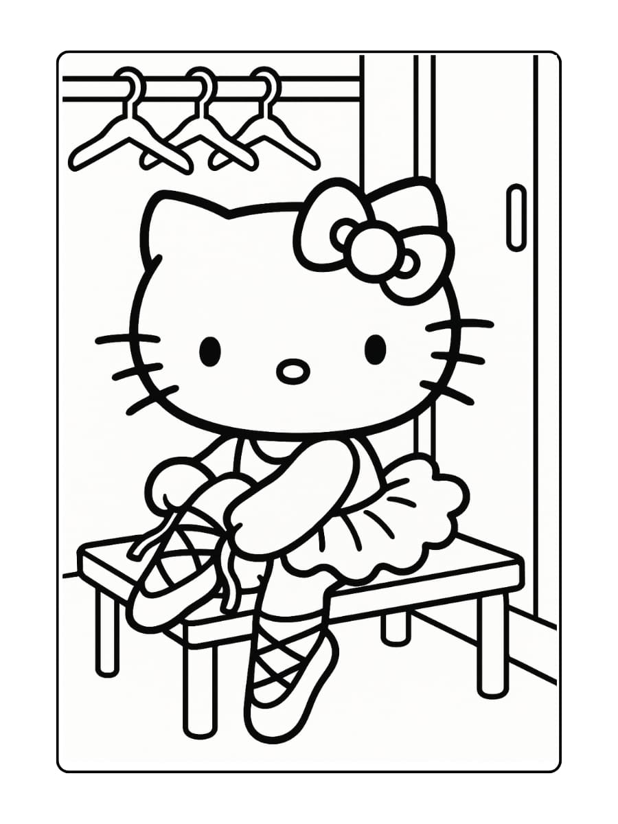 Hello Kitty zit op een bankje in de kleedkamer, doet haar balletschoenen aan met haar tutu al aan