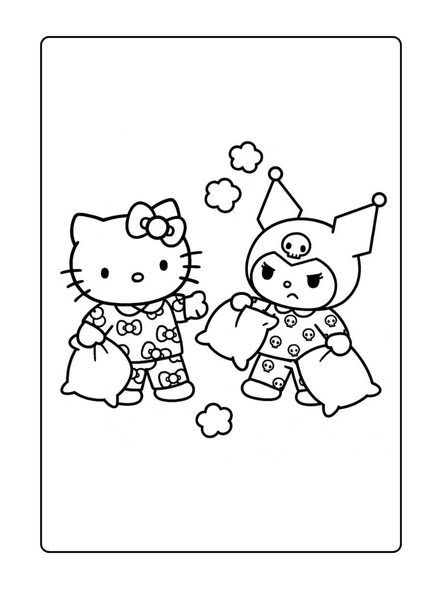In hun eigen pyjama-stijl - Hello Kitty met strikken en Kuromi met schedels die een kussengevecht houden
