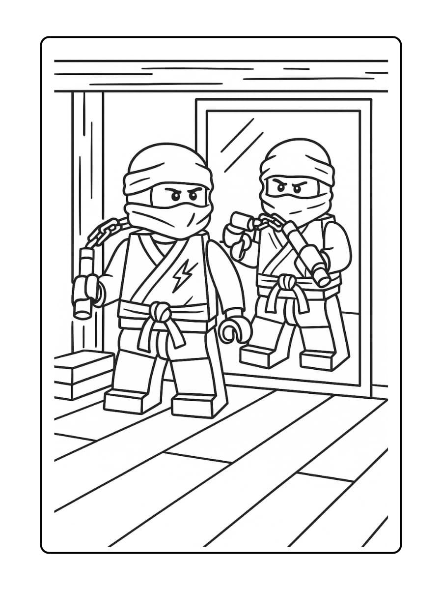Jay oefent met zijn nunchaku voor een spiegel in de dojo
