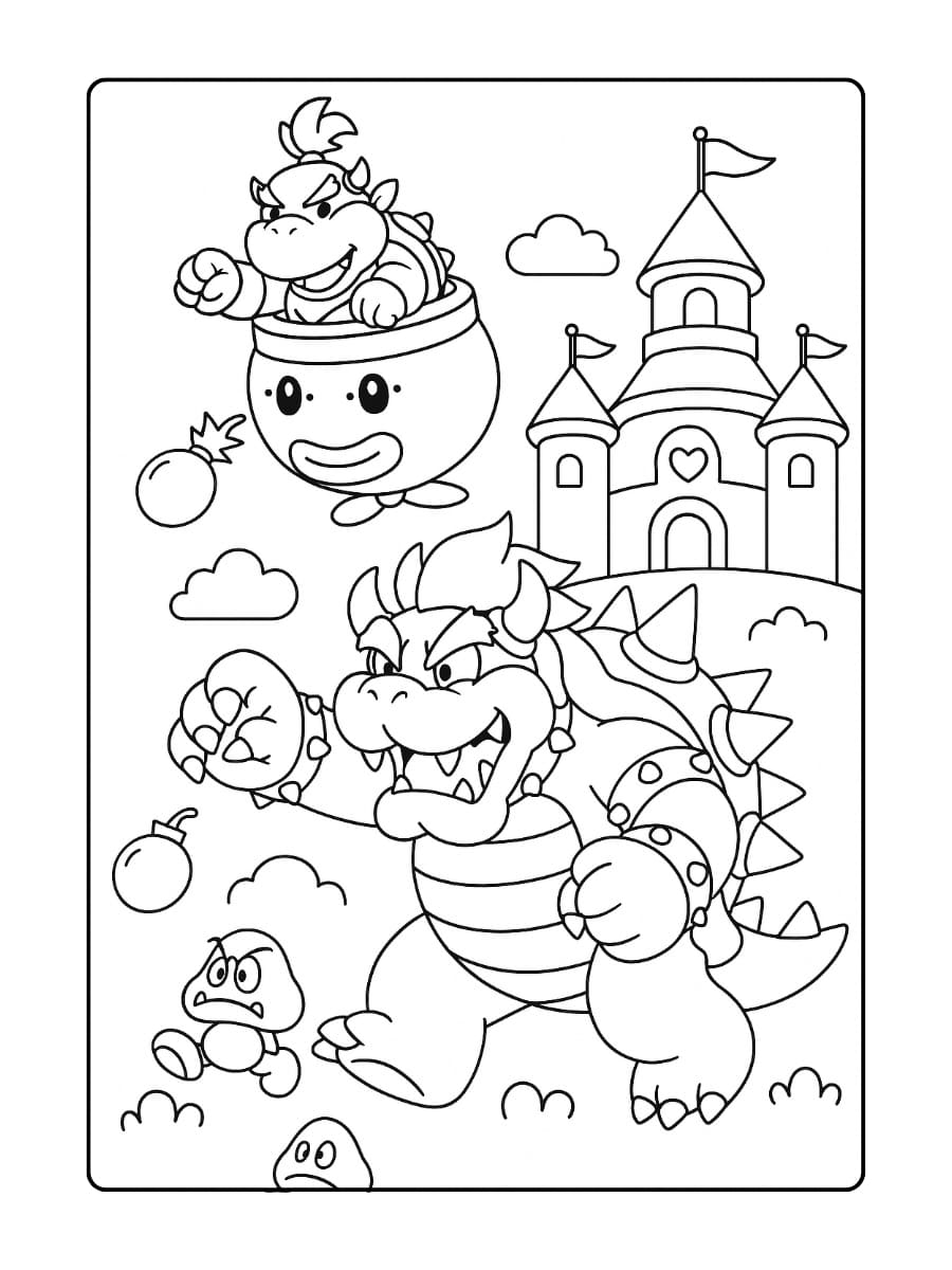 Kleurplaat Bowser Junior en Bowser – Vader en zoon teamwork
