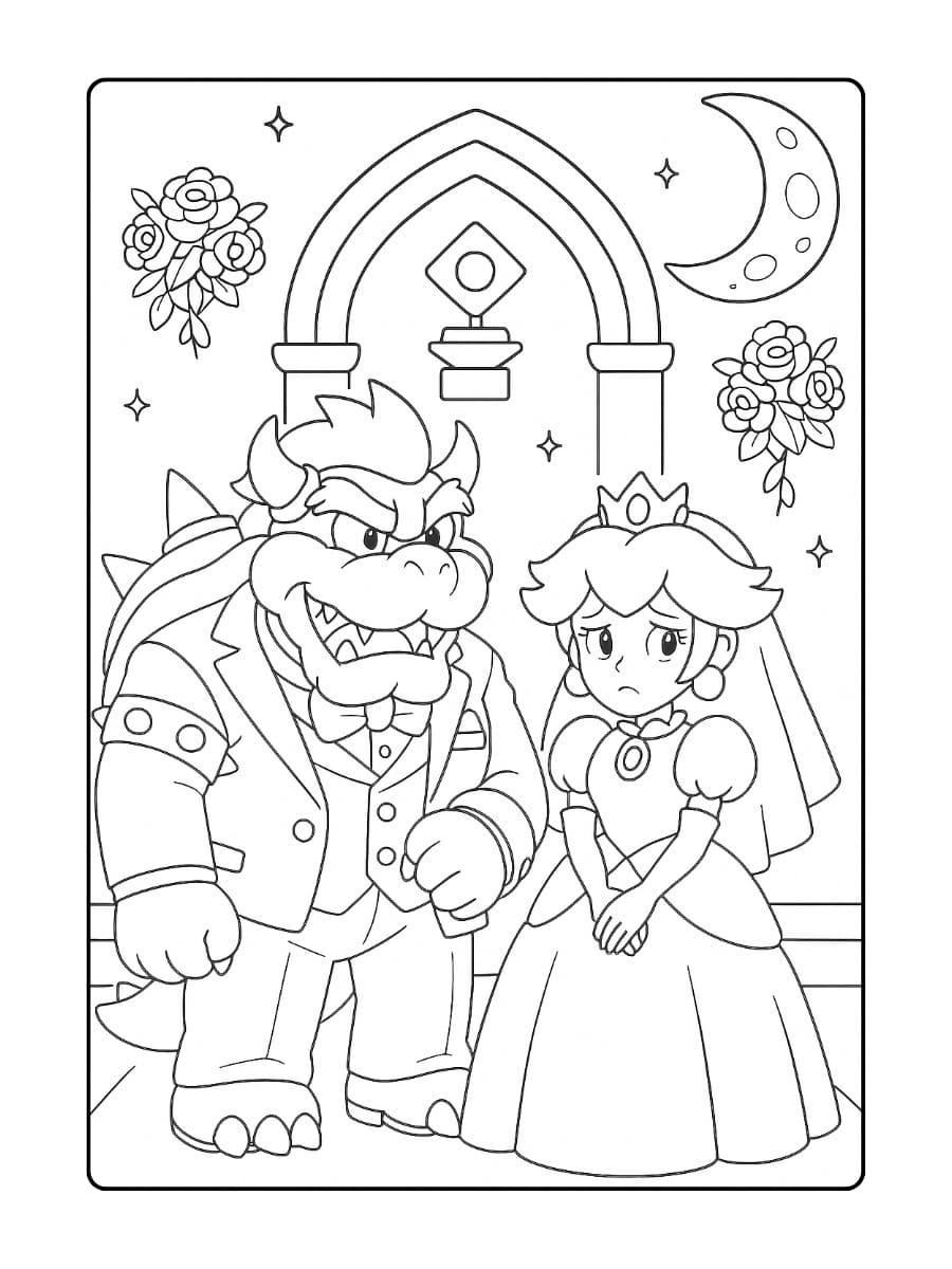 Kleurplaat Bowser en Peach – Verplichte bruiloft op de maan