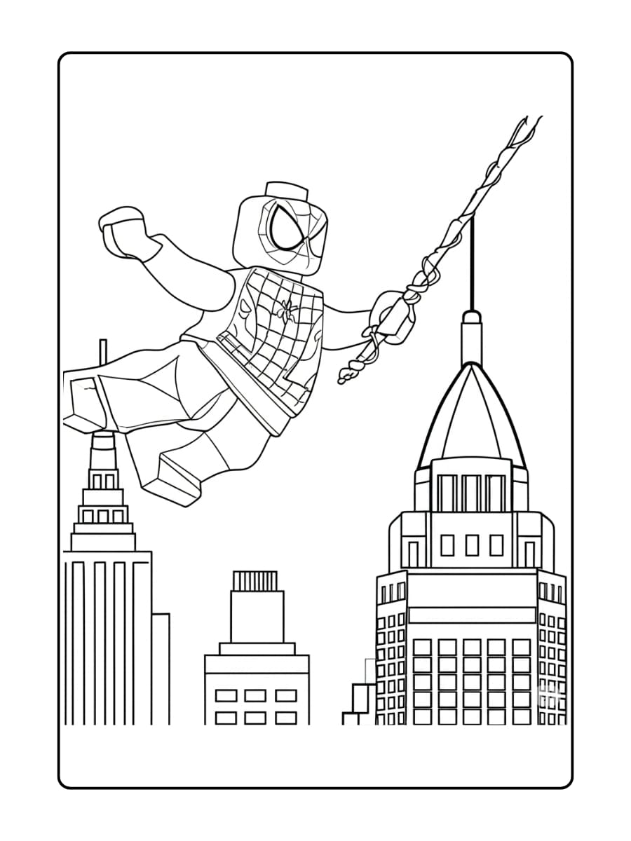 Kleurplaat Lego Spider-Man – Vliegend boven de stad