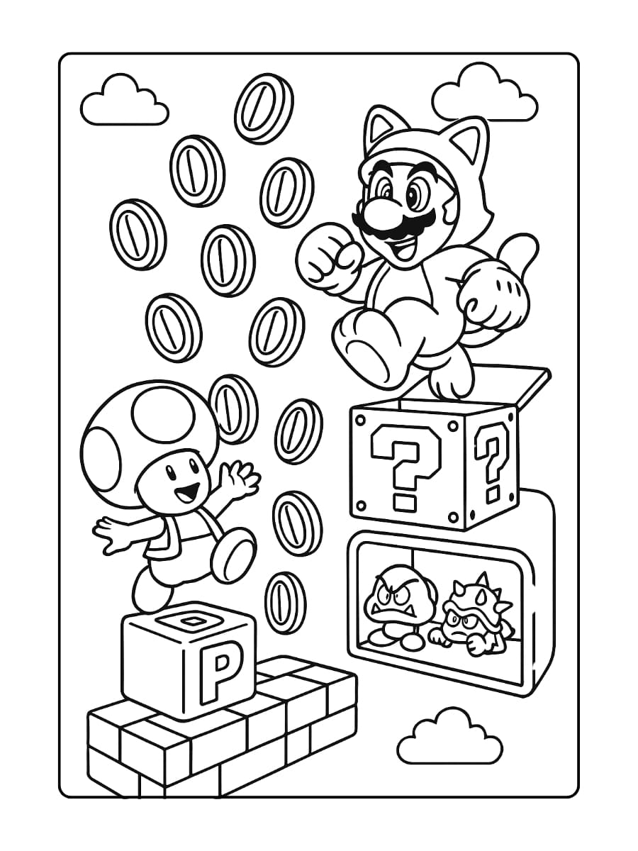 Kleurplaat Mario 3D World – Bonuslevel met gouden munten en Mystery Box