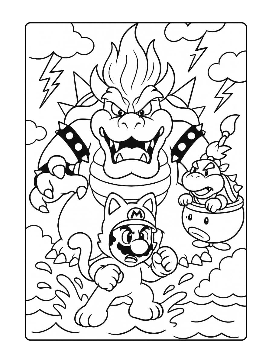 Kleurplaat Mario 3D World – Bowser Jr. en Mario vechten tegen Fury Bowser (Bowser’s Fury)