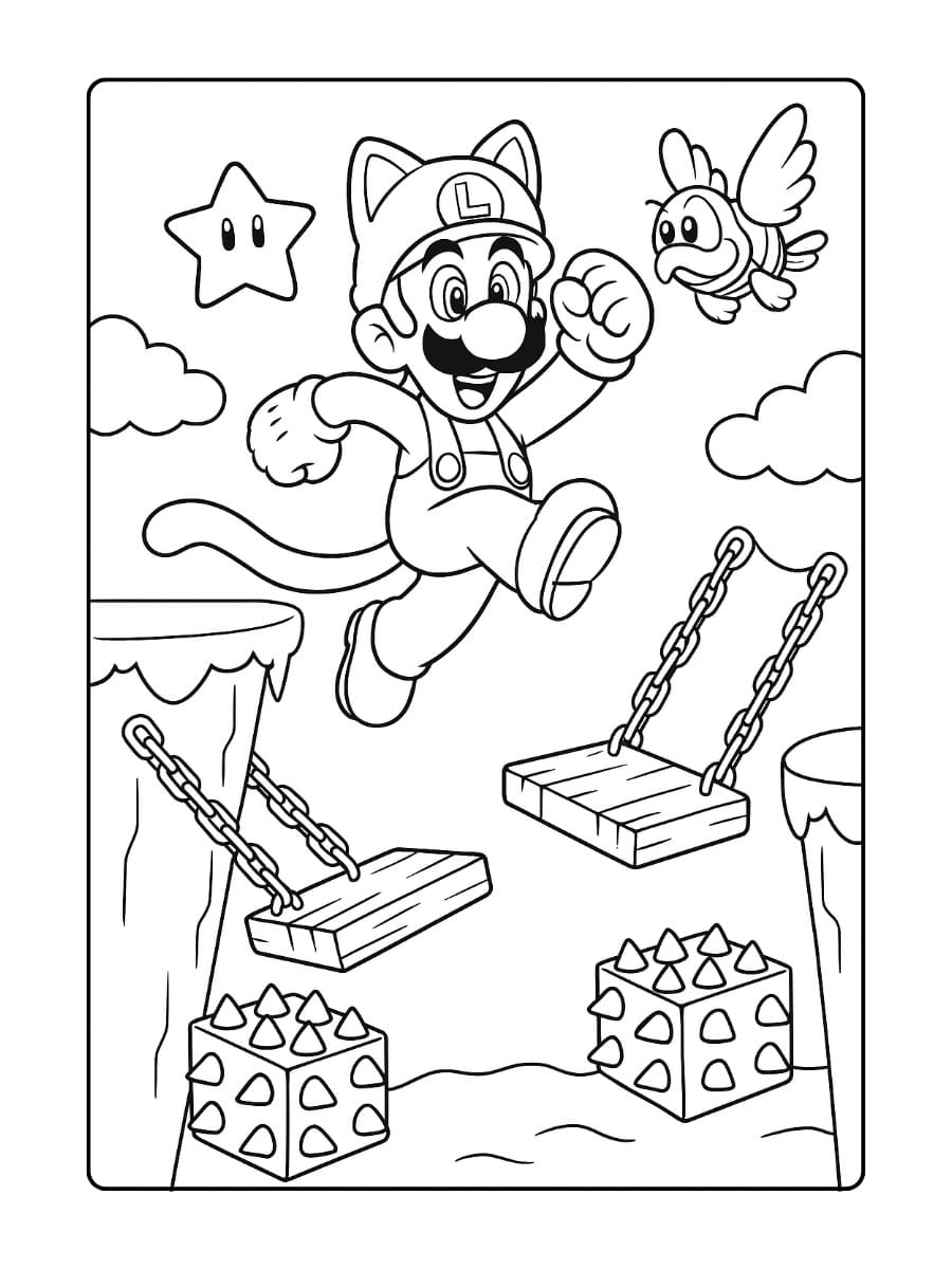 Kleurplaat Mario 3D World – Luigi springt op een schommelplatform in World 3-4