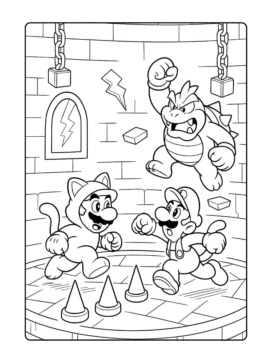 Kleurplaat Mario 3D World – Mario en Luigi vechten tegen Boom Boom in een draaiend kasteel