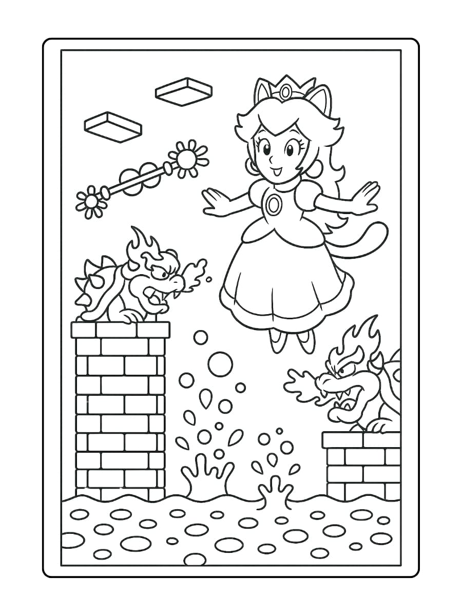 Kleurplaat Mario 3D World – Peach zweeft over lava in World Castle-Castle