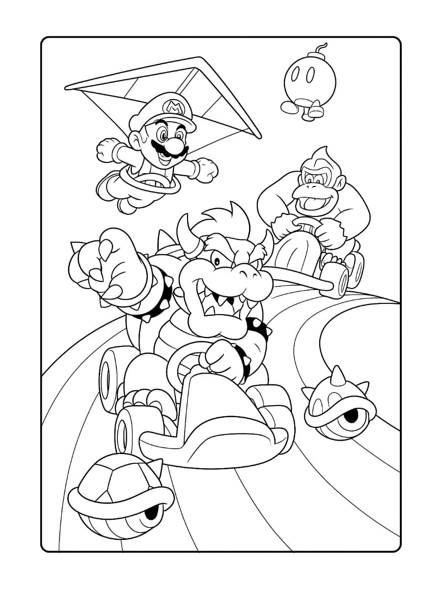 Kleurplaat Mario Bowser – Race in Mario Kart
