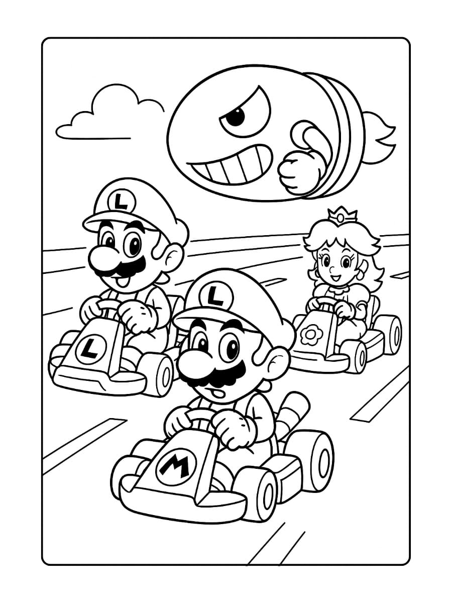 Kleurplaat Mario Kart – Achtervolging op de snelweg