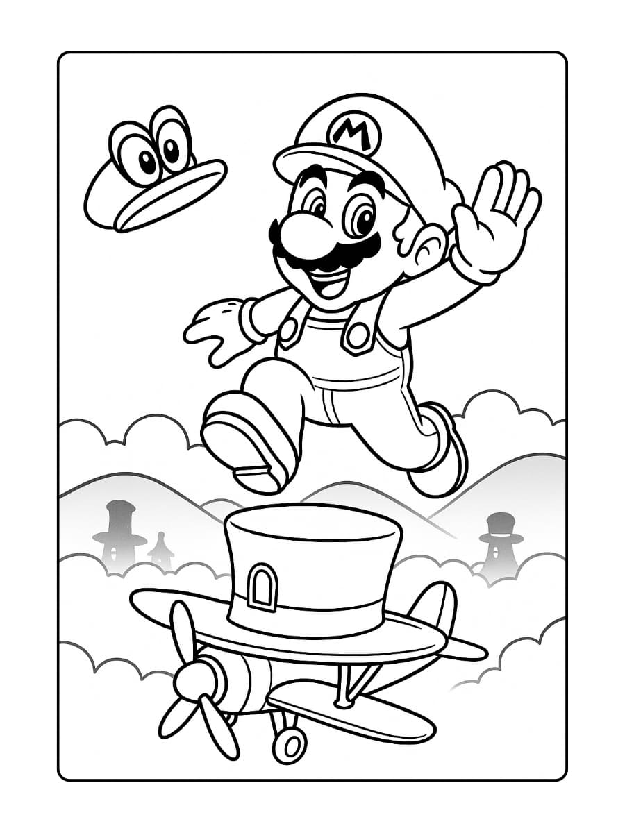 Kleurplaat Mario Odyssey – Mario springt op een vliegtuig in Cap Kingdom