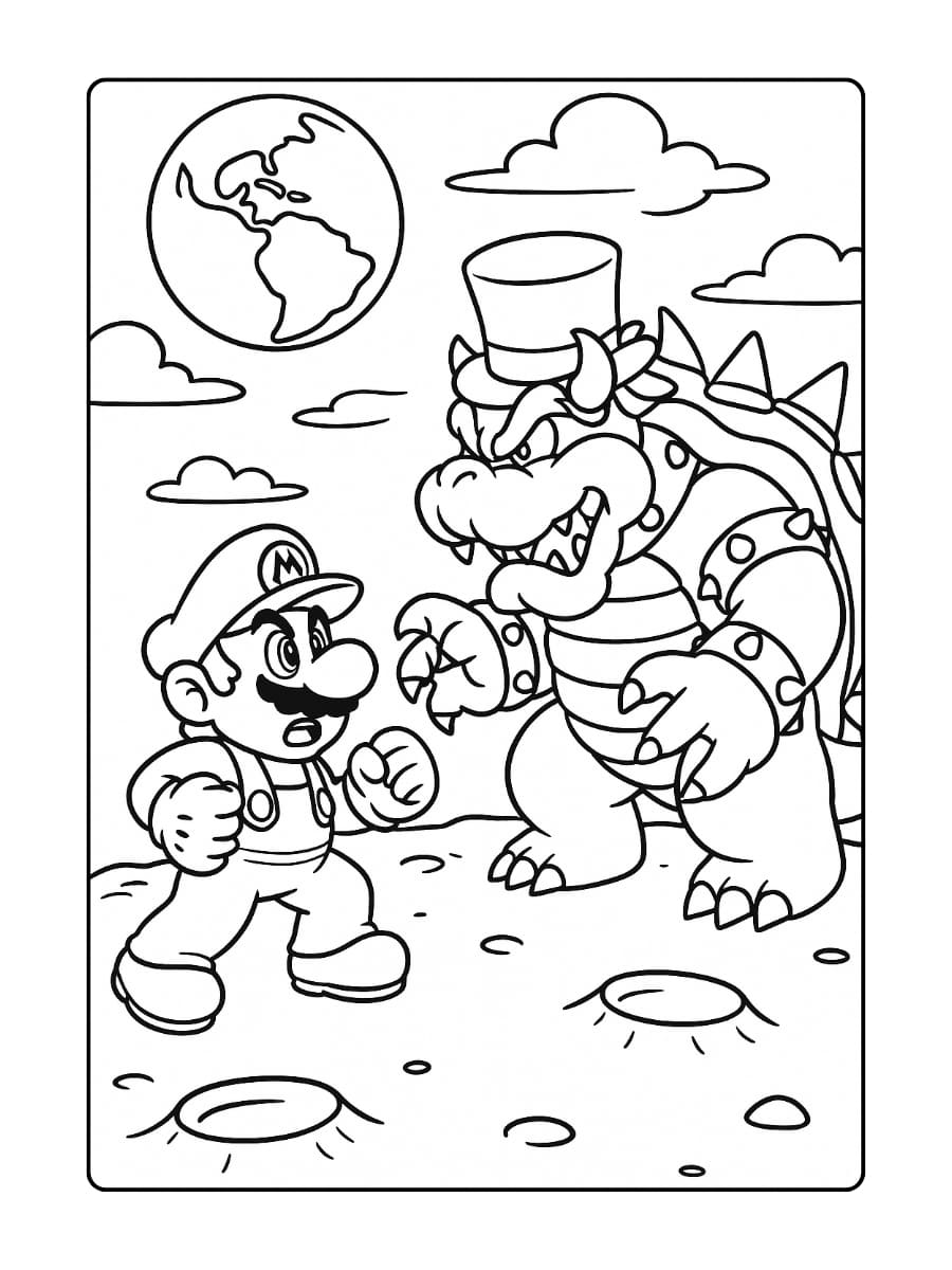 Kleurplaat Mario Odyssey – Ontmoeting met Bowser in het Moon Kingdom