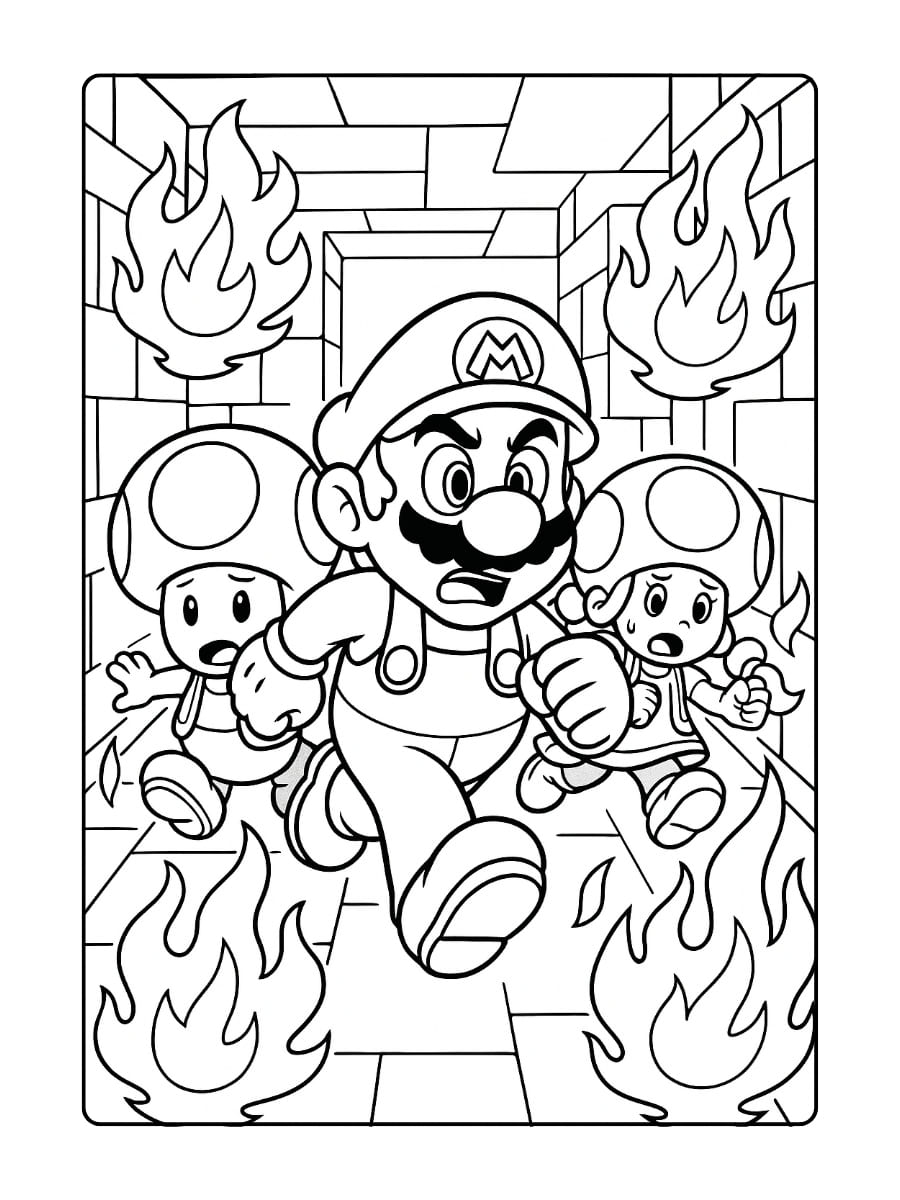 Kleurplaat Mario, Toad en Toadette ontsnappen aan een vuurval