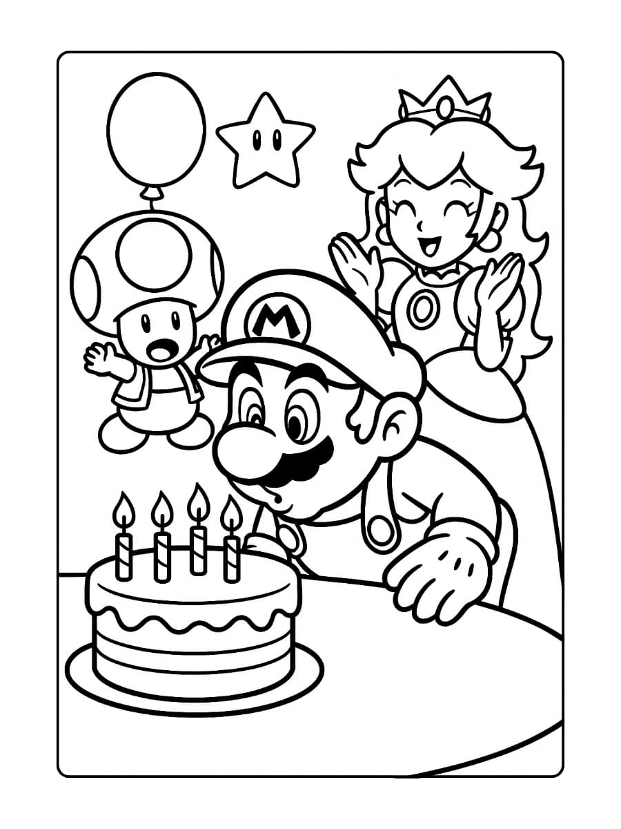 Kleurplaat Mario Verjaardag – Mario blaast kaarsjes uit op een taart