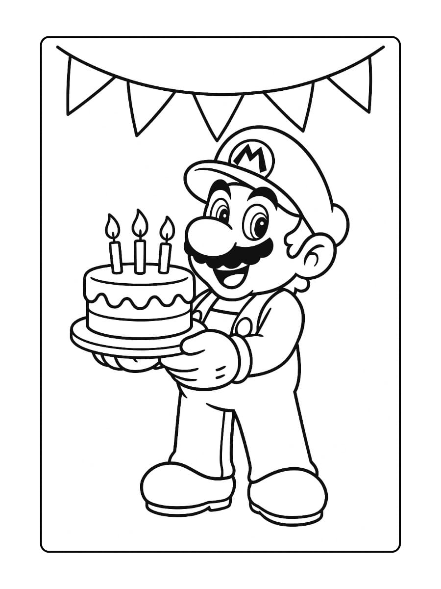 Kleurplaat Mario Verjaardag – Mario met verjaardagstaart en slinger