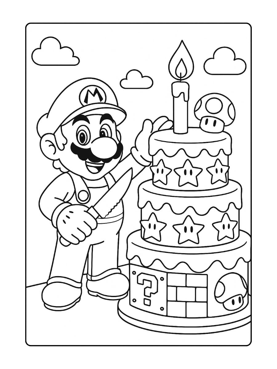 Kleurplaat Mario Verjaardag – Verjaardagstaart in Super Mario-stijl