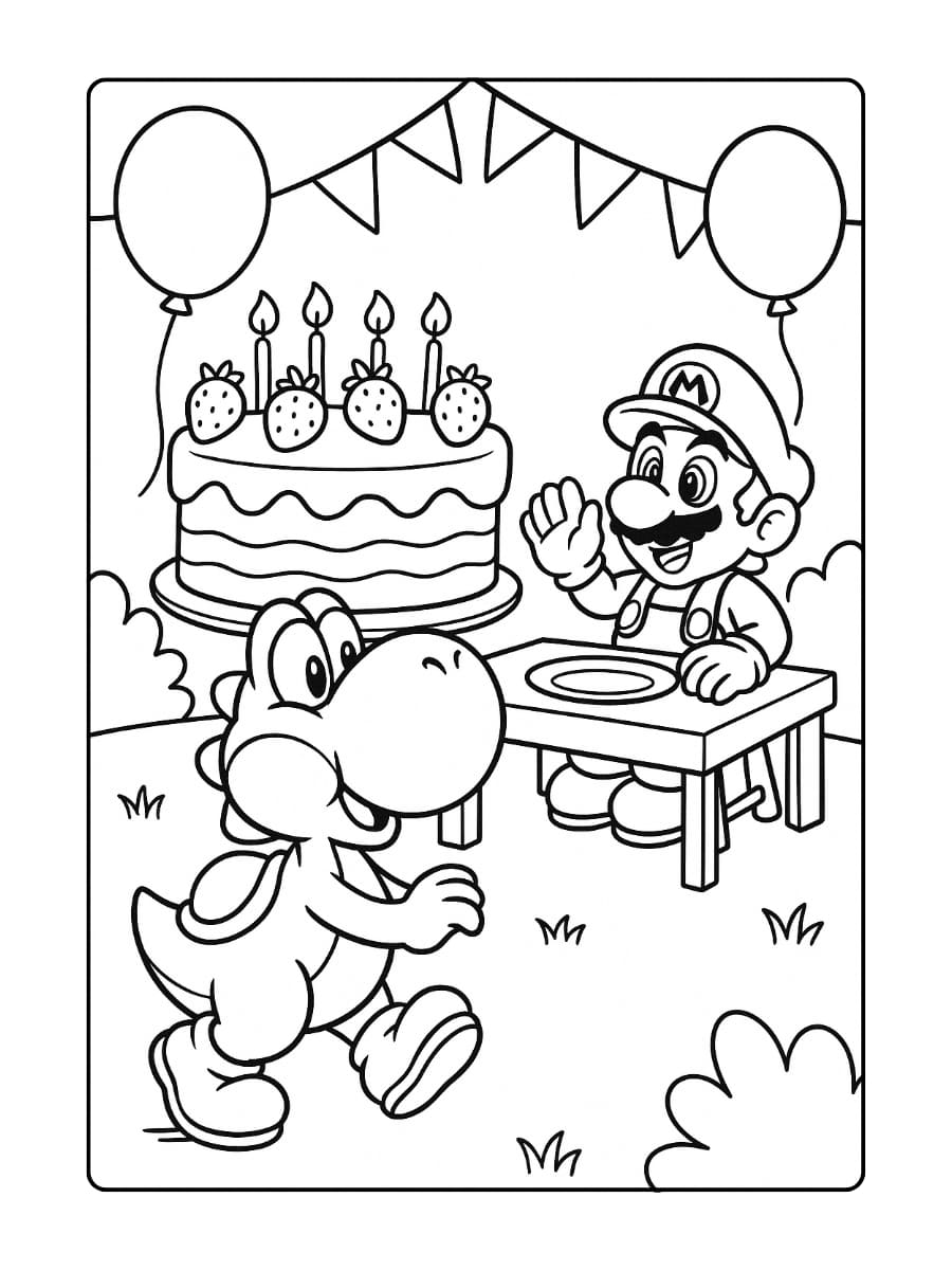 Kleurplaat Mario Verjaardag – Yoshi komt met een taart aanlopen