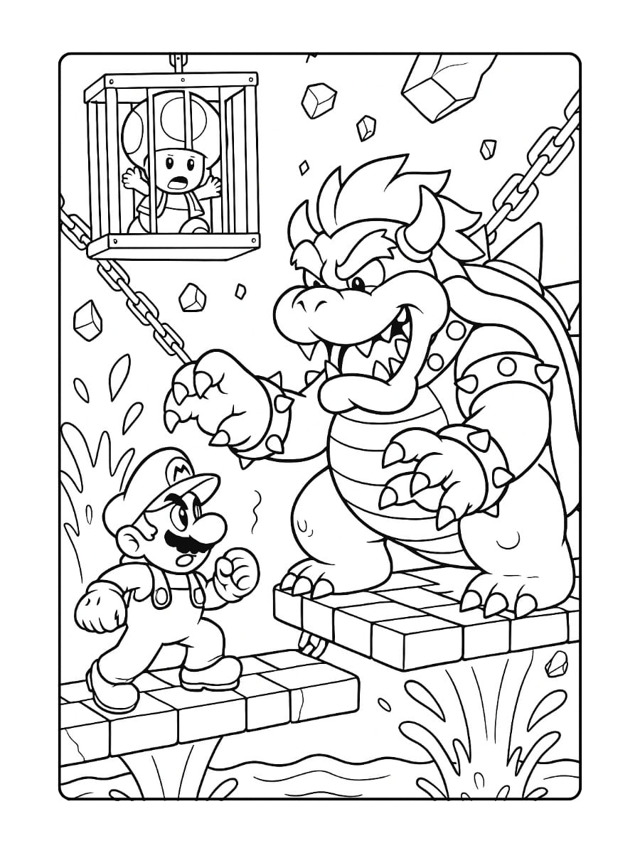 Kleurplaat Mario en Bowser – Episch gevecht op de brug