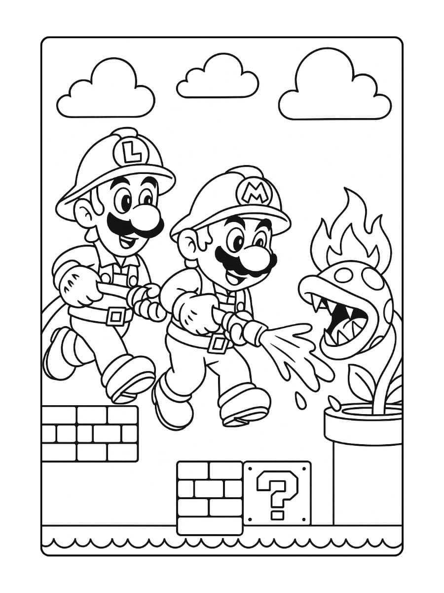 Kleurplaat Mario en Luigi als brandweermannen, blussen samen een vuurbal-spuwende Piranha Plant in een spannend level.