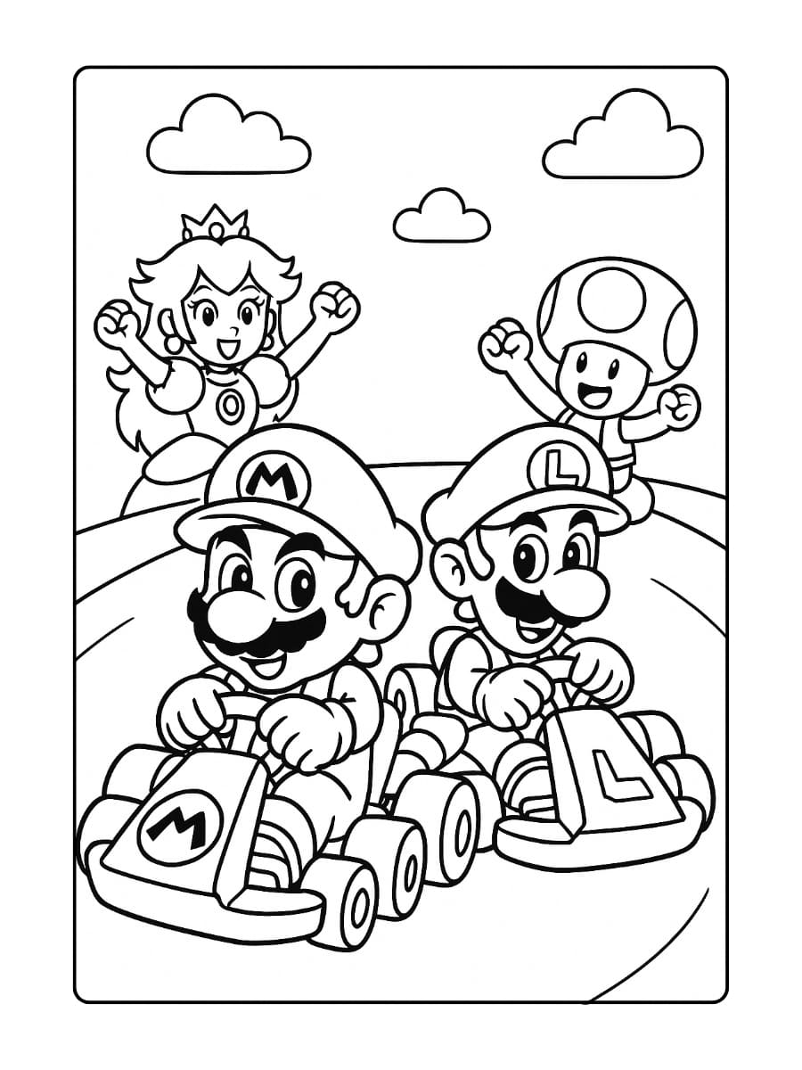 Kleurplaat Mario en Luigi racen in karts