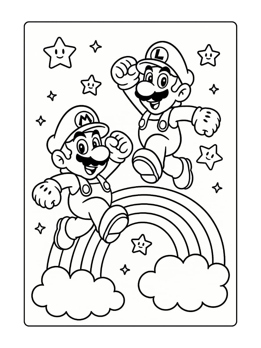Kleurplaat Mario en Luigi springen door regenboogpaden Kleurplaat Mario en Luigi springen door regenboogpaden