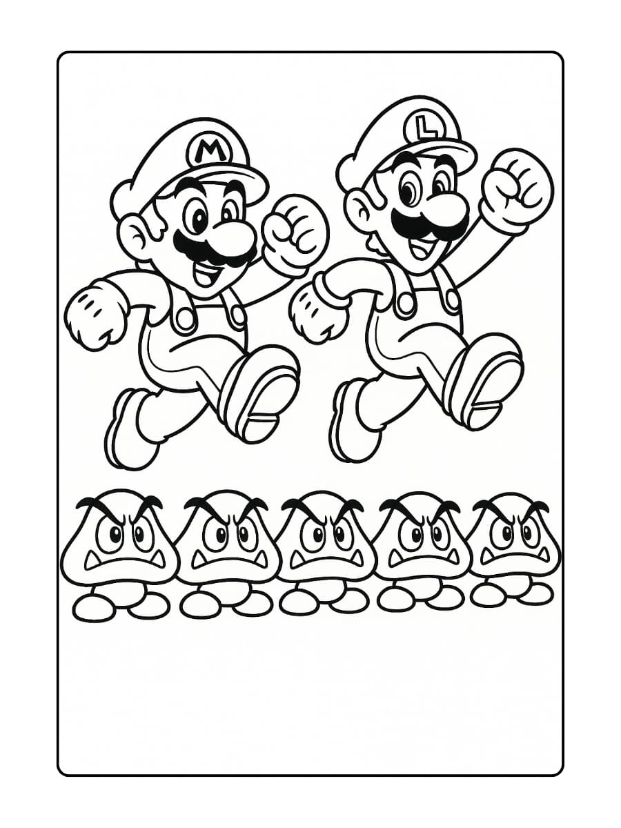 Kleurplaat Mario en Luigi springen over Goomba’s