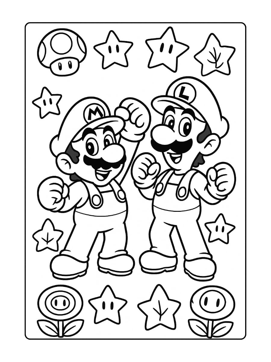 Kleurplaat Mario en Luigi verzamelen power-ups