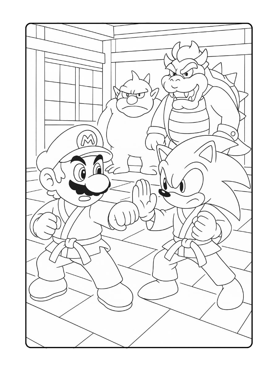 Kleurplaat Mario en Sonic doen karate in een Japanse dojo