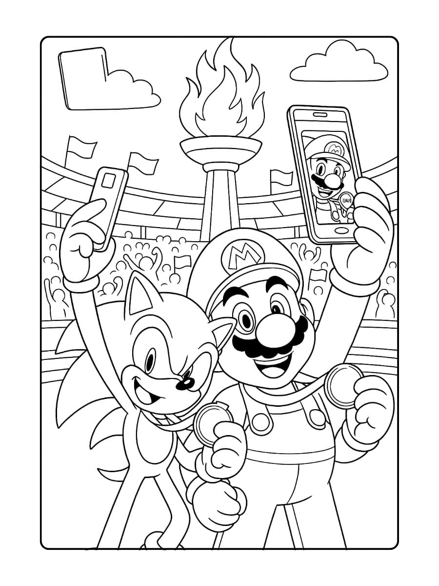 Kleurplaat Mario en Sonic maken een selfie met hun medailles voor het stadion