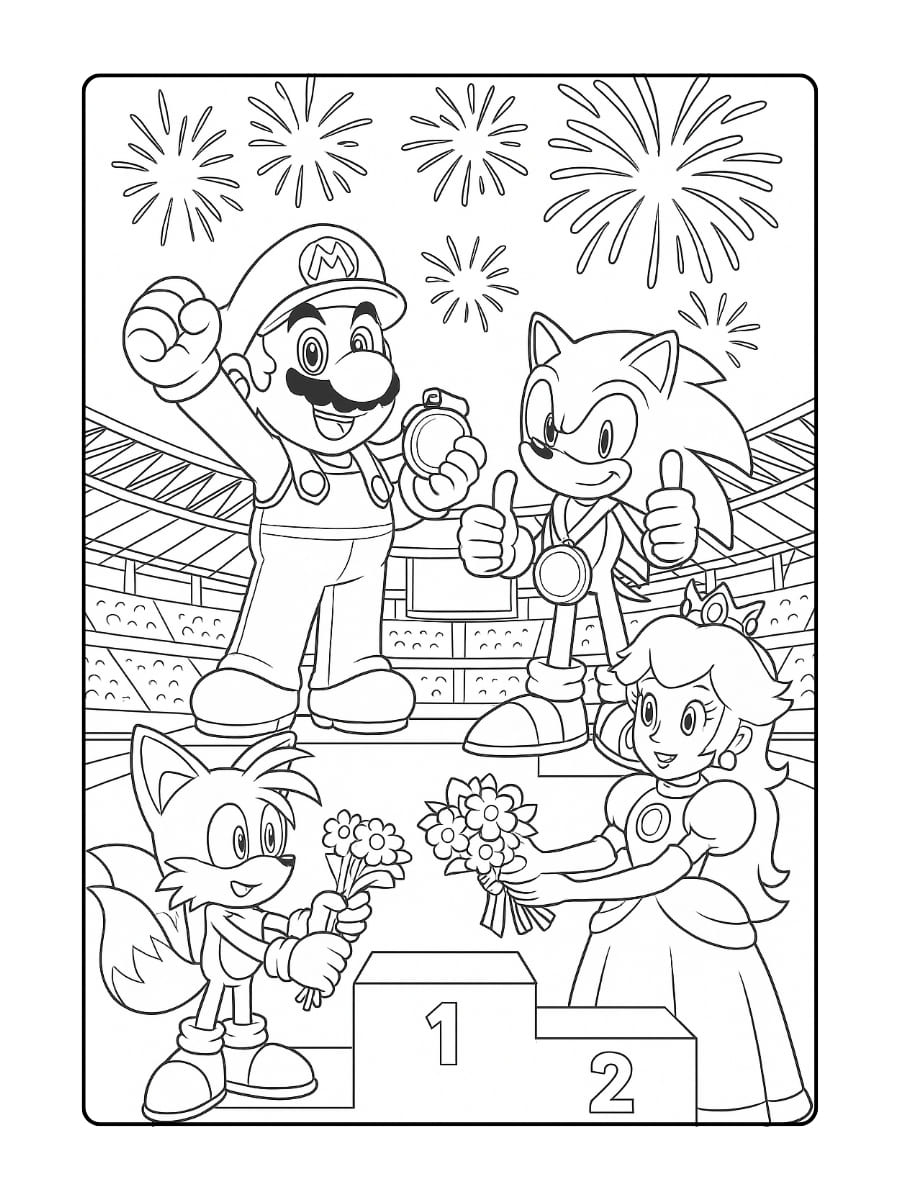 Kleurplaat Mario en Sonic op het erepodium met gouden medailles