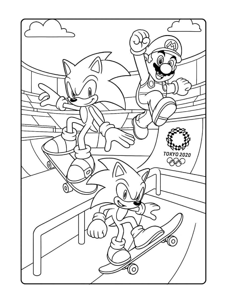 Kleurplaat Mario en Sonic skaten in een modern Olympisch skatepark