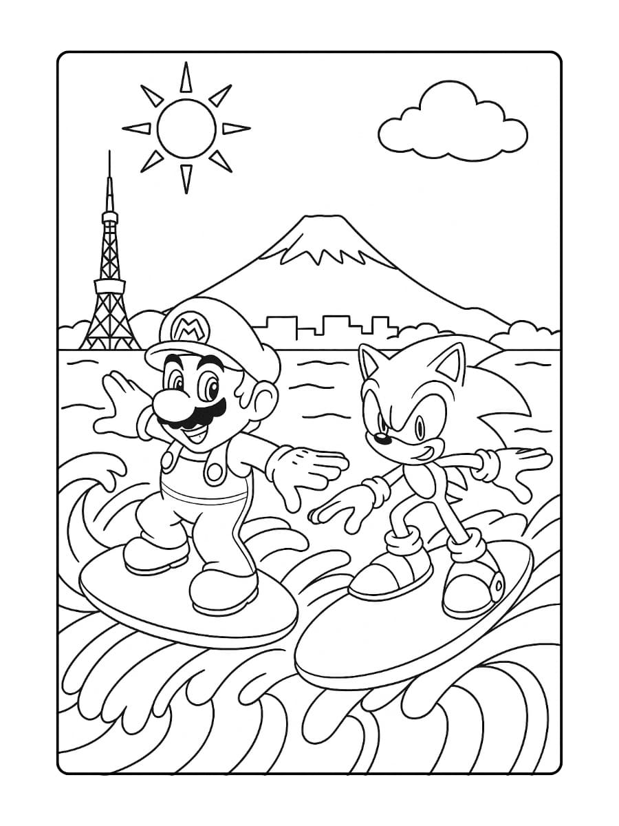 Kleurplaat Mario en Sonic surfen op een gigantische golf in de baai van Tokyo