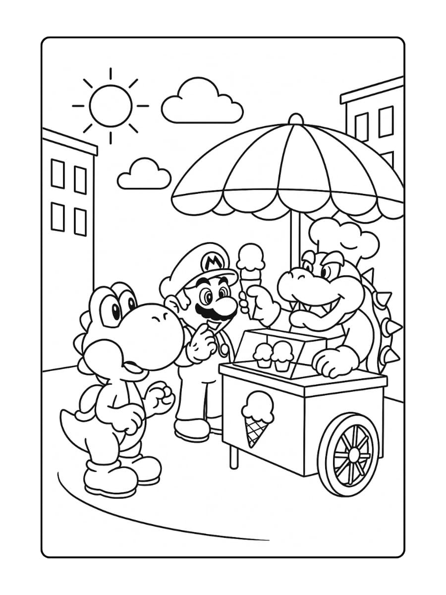 Kleurplaat Mario en Yoshi bij de ijskar