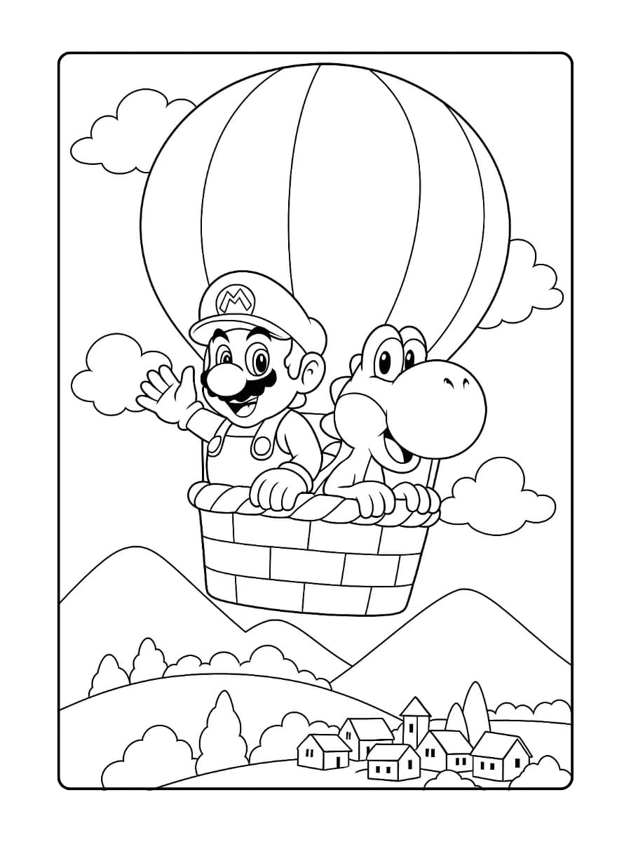 Kleurplaat Mario en Yoshi in een luchtballon