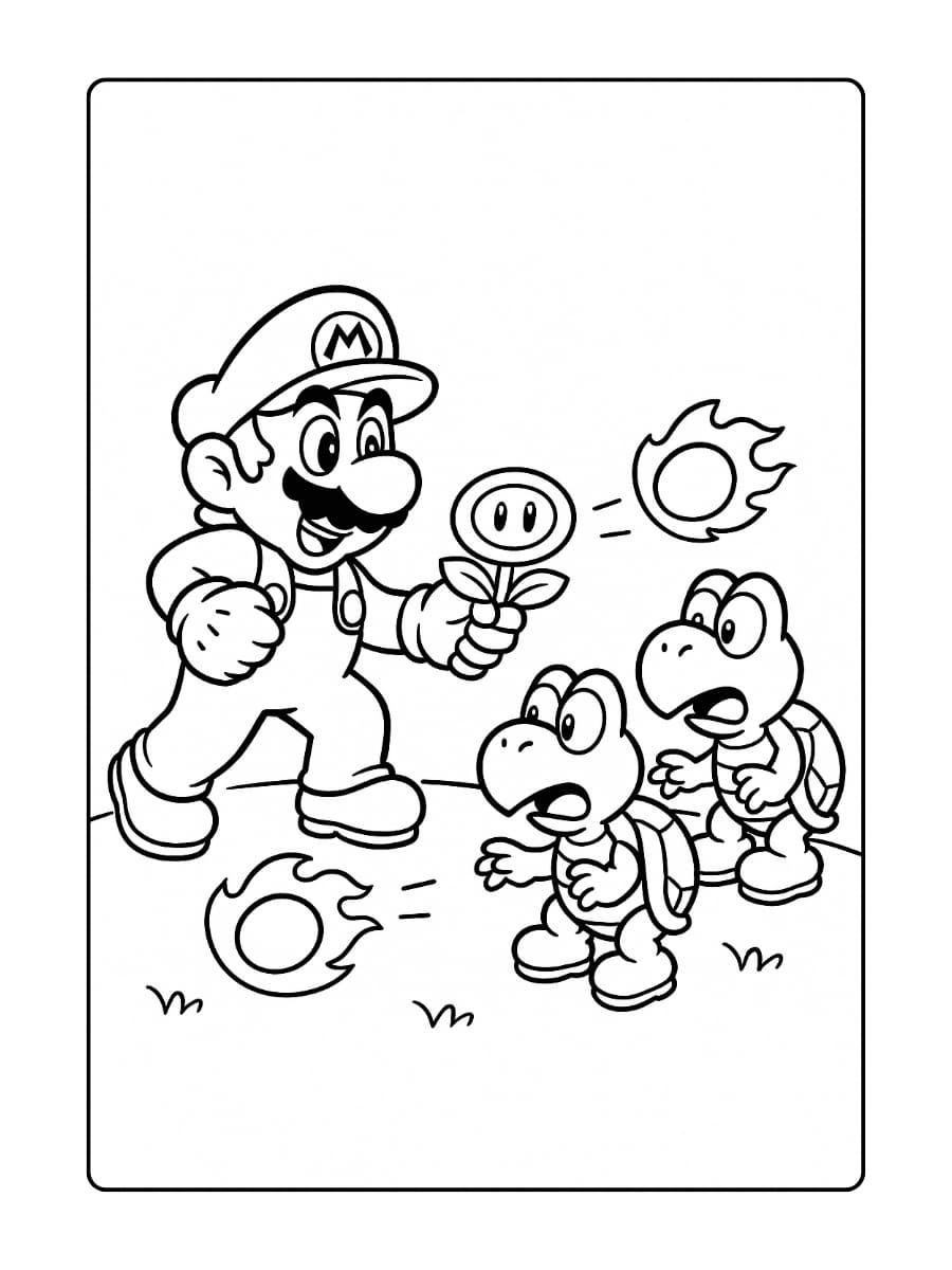 Kleurplaat Mario met een vuurbloem tegenover Koopa Troopas
