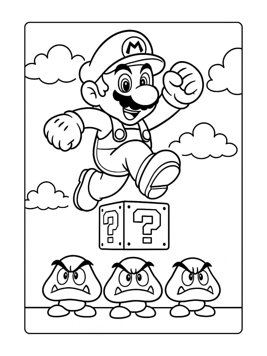 Kleurplaat Mario op een springblok boven Goombas