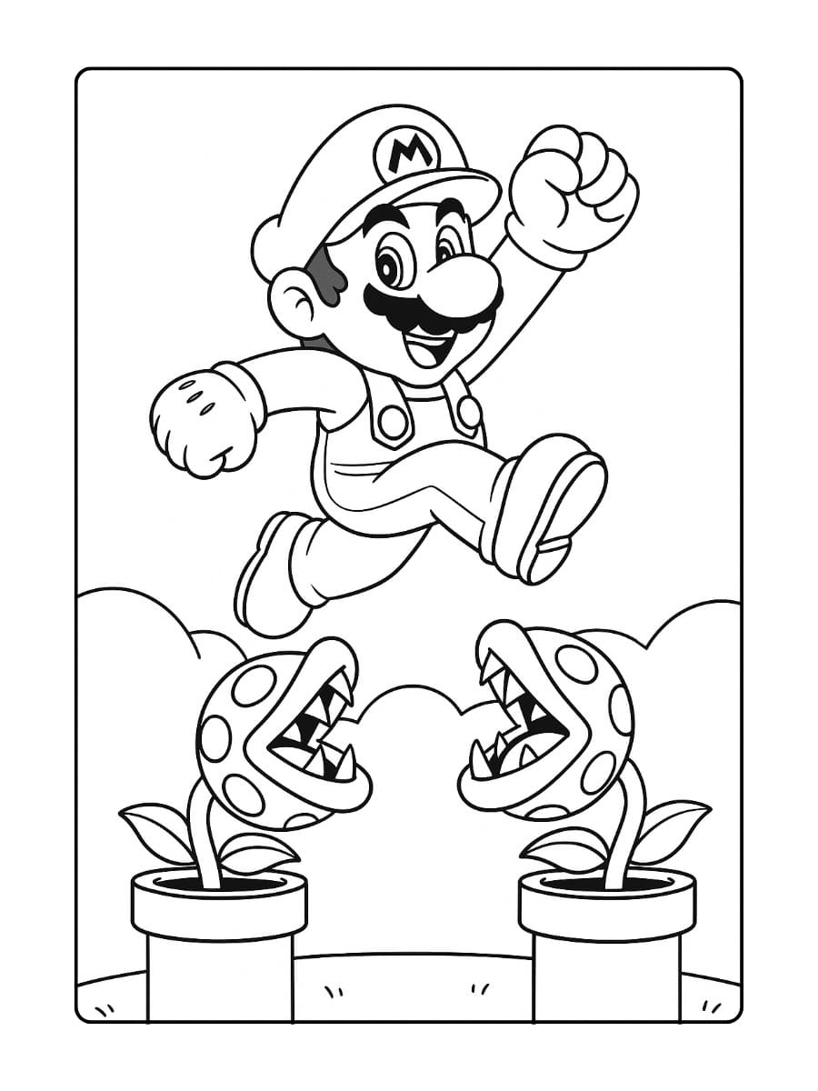 Kleurplaat Mario springt over Piranha Plants