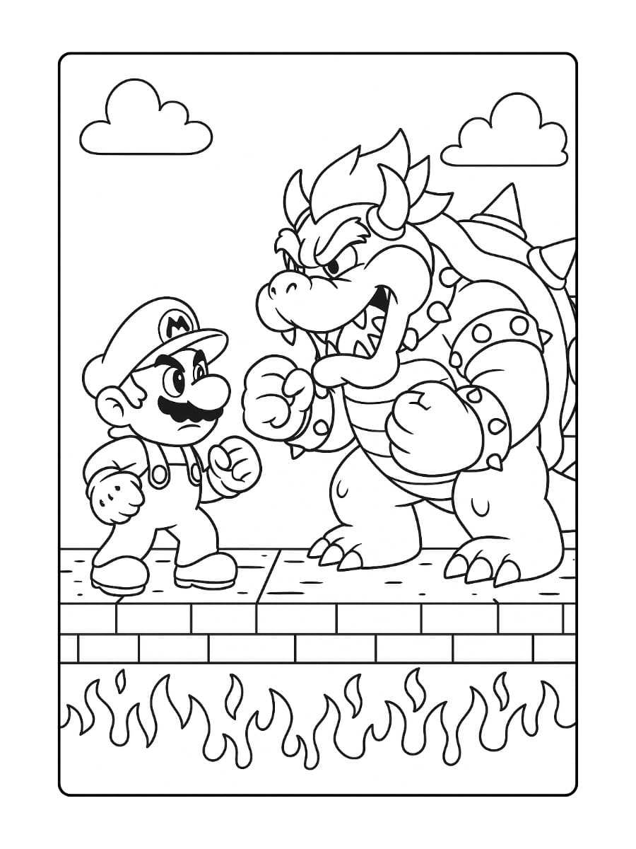Kleurplaat Mario vecht dapper tegen Bowser