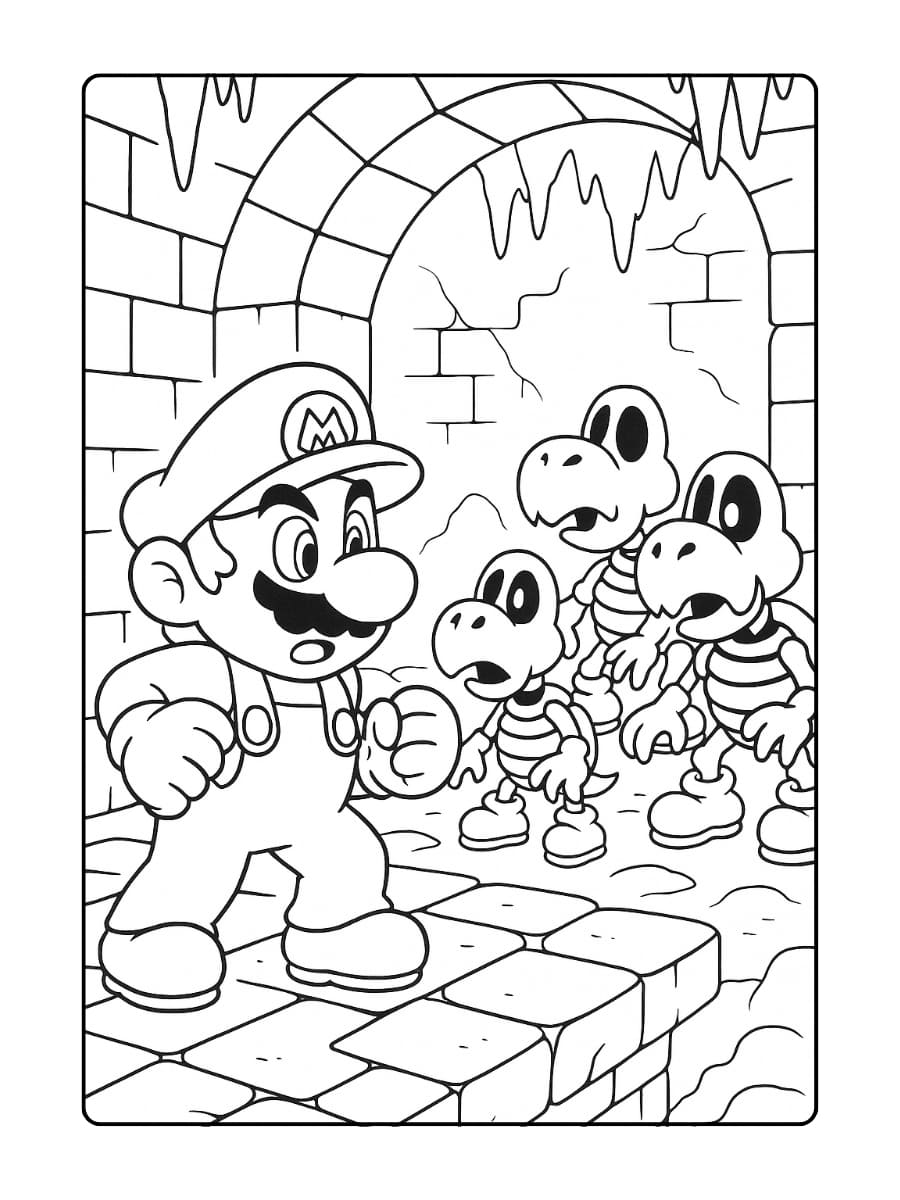 Kleurplaat Mario vs. Dry Bones in een ondergronds level