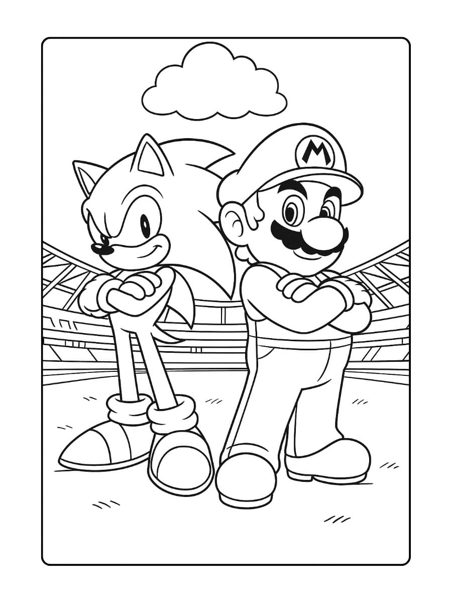 Kleurplaat Sonic en Mario staan rug aan rug in heldenpose