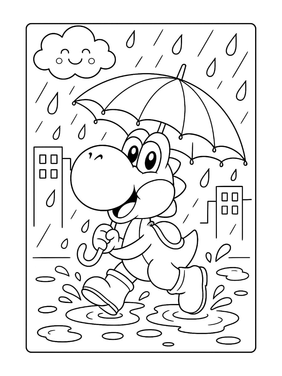 Kleurplaat Yoshi op een regenachtige dag met paraplu
