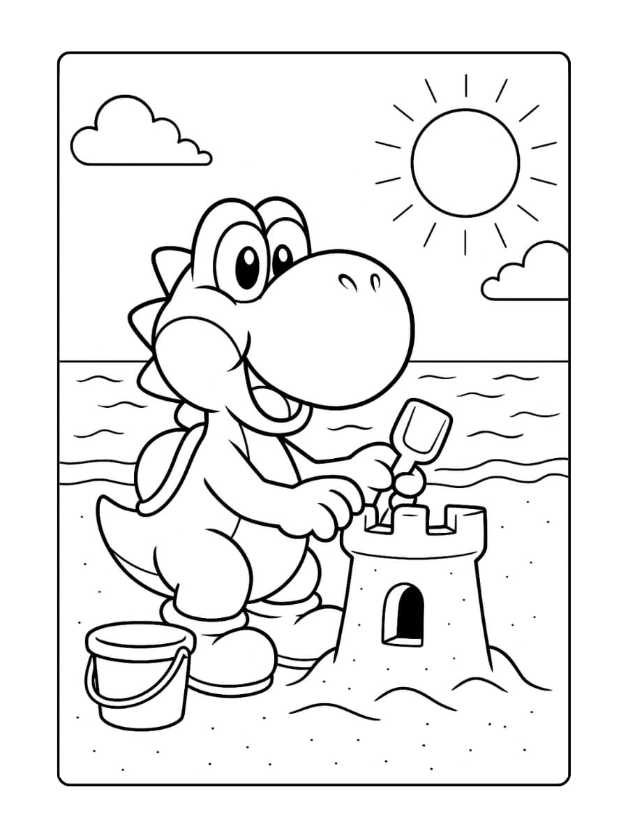 Kleurplaat Yoshi op het strand met een emmer en schep