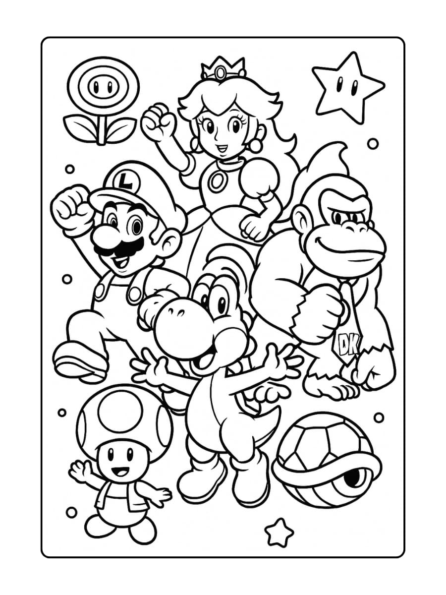 Kleurplaat - het Super Mario Team in actie