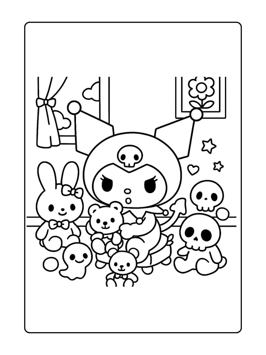 Kuromi en haar knuffels Omringd door schattige knuffels — sommige griezelig, sommige lief — zitten ze in een knusse kamer.