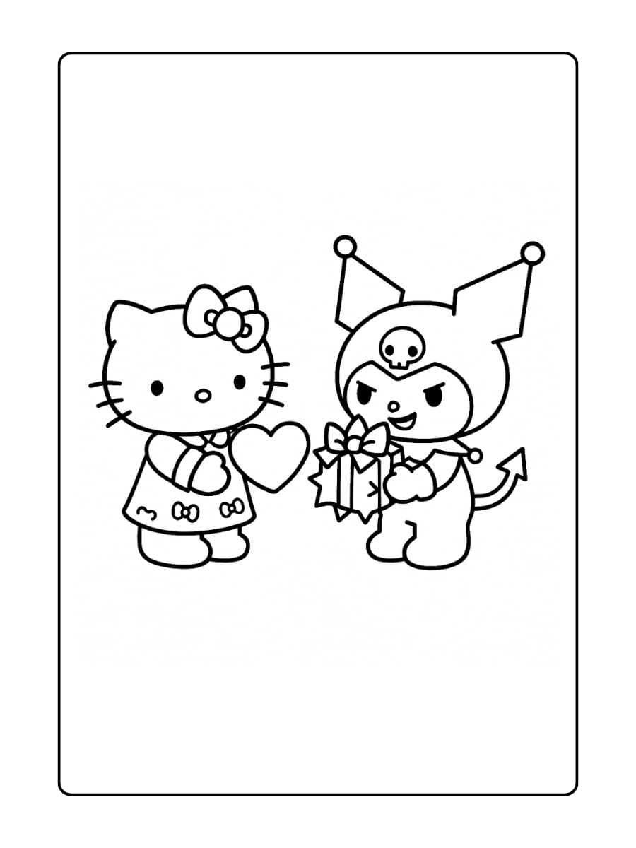 Kuromi geeft Hello Kitty een cadeautje ingepakt met stekels