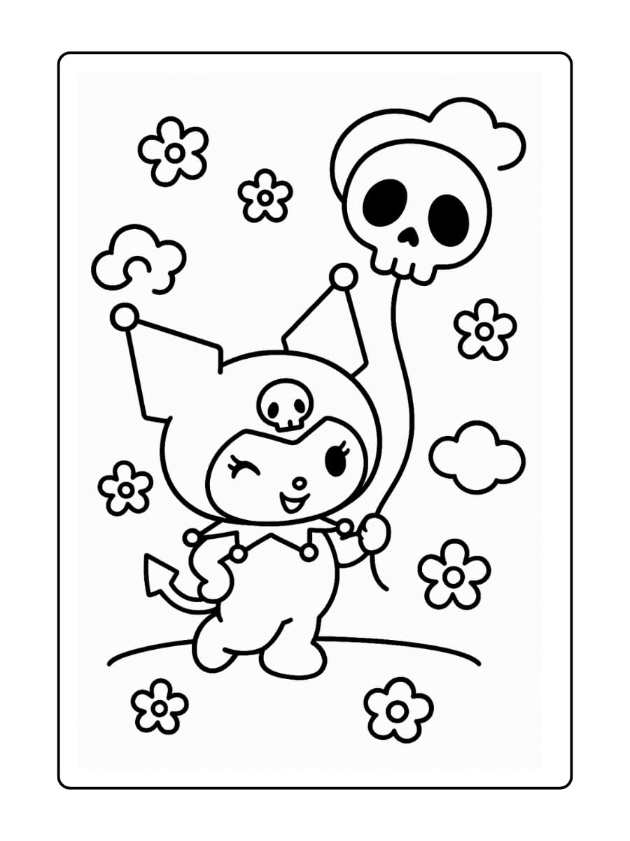 Kuromi met een doodshoofdballon Staand met één hand op haar heup, een zwevende doodshoofdvormige ballon vasthoudend en een ondeugende knipoog gevend.