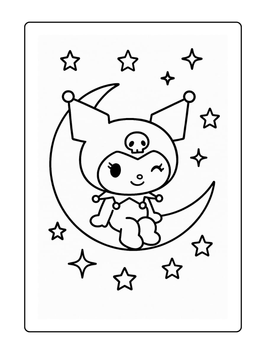 Kuromi op een maan Zittend op een halve maan, met haar benen zwaaiend, omringd door zwevende sterren en glitters