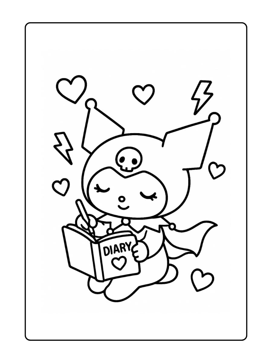 Kuromi's dagboektijd Schrijven in een geheim dagboek met harten en bliksemschichten die eruit komen als dramatische gedachten