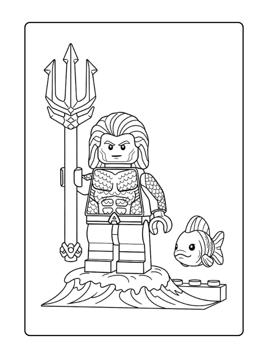 LEGO Aquaman houdt een drietand recht omhoog terwijl hij op een kleine LEGO-golf staat